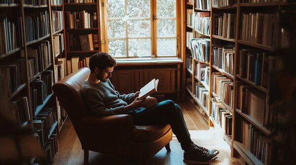 Person reading a book while sitting at a cozy desk